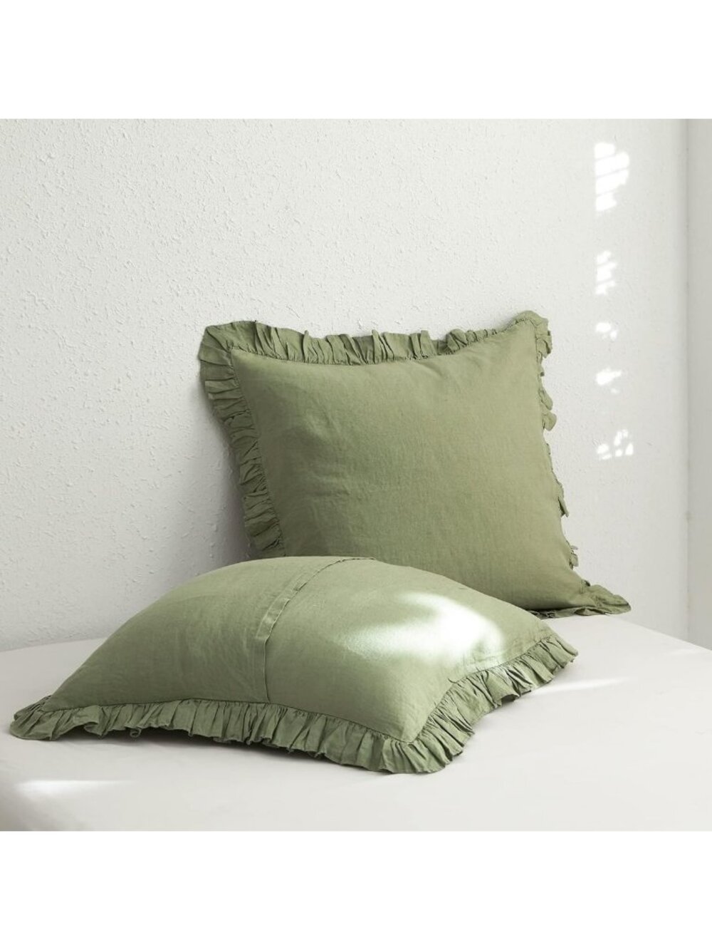 Linen Euro Sham Covers Set of 2, Ruffled 26x26 Inch Pillow Shams, Sage Green